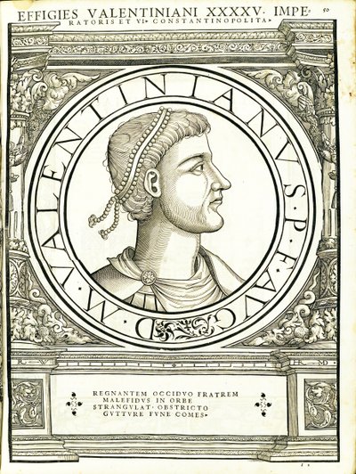 Valentinianus Iunior, illustration from Imperatorum Romanorum Omnium Orientalium et Occidentalium Verissimae Imagines ex Antiquis Numismatis by Hans Rudolf Manuel Deutsch